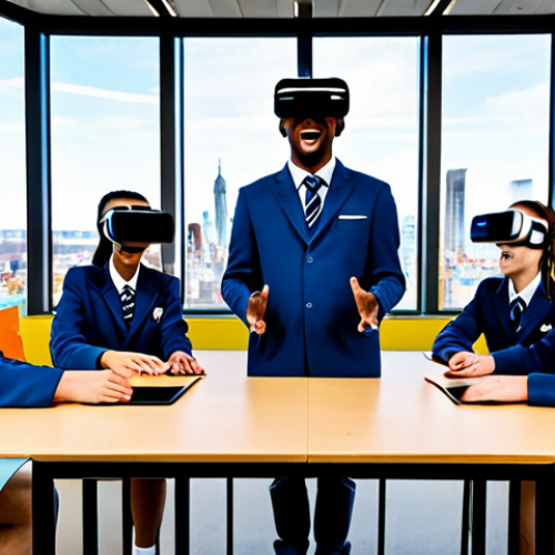 Home 4 A diverse group of high school students, fully clothed in modest school uniforms, enthusiastically engaged in an immersive virtual reality lesson. One student wears a sleek VR headset, extending a hand to interact with a vividly rendered 3D solar system projection in the air, while others gather around a large interactive table, manipulating augmented reality models of historical artifacts on their tablets. The setting is a brightly lit, futuristic classroom with ergonomic furniture and large windows overlooking a city skyline. The atmosphere is vibrant and focused. Professional photography, high-resolution, sharp focus, vibrant colors, perfect anatomy, correct proportions, natural poses, well-formed hands, proper finger count, natural body proportions, professional dress, appropriate attire, safe for work, appropriate content, family-friendly, high quality.
