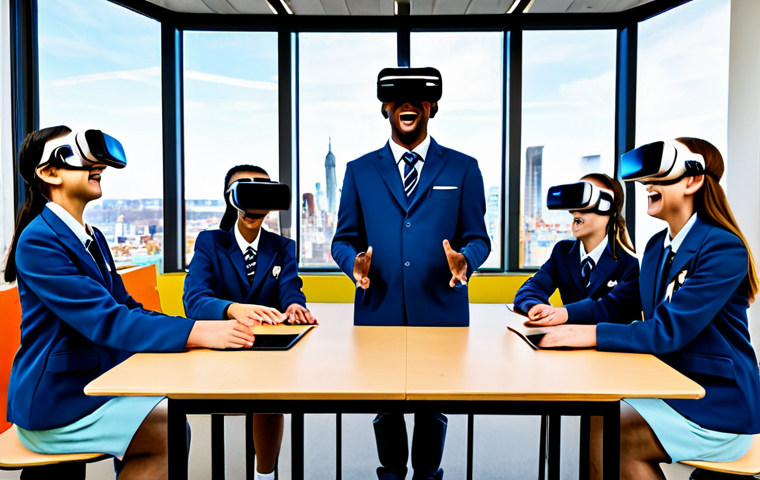 A diverse group of high school students, fully clothed in modest school uniforms, enthusiastically engaged in an immersive virtual reality lesson. One student wears a sleek VR headset, extending a hand to interact with a vividly rendered 3D solar system projection in the air, while others gather around a large interactive table, manipulating augmented reality models of historical artifacts on their tablets. The setting is a brightly lit, futuristic classroom with ergonomic furniture and large windows overlooking a city skyline. The atmosphere is vibrant and focused. Professional photography, high-resolution, sharp focus, vibrant colors, perfect anatomy, correct proportions, natural poses, well-formed hands, proper finger count, natural body proportions, professional dress, appropriate attire, safe for work, appropriate content, family-friendly, high quality.